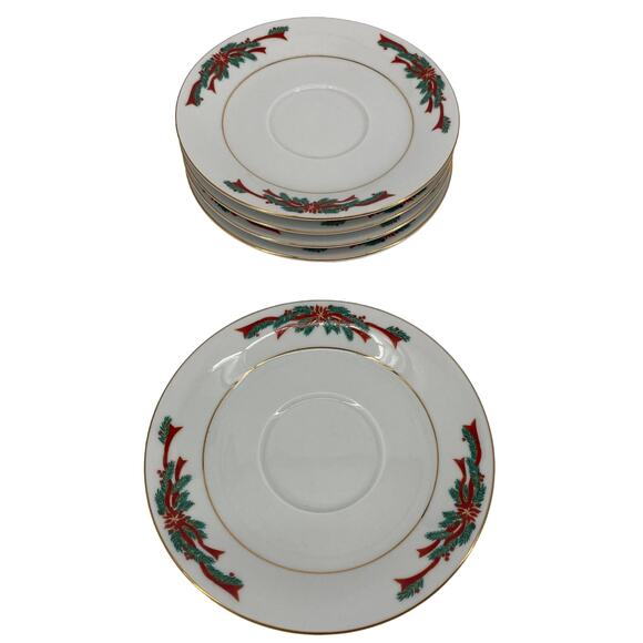 Set 5 Tienshan Fairfield Poinsettia & Ribbons Christmas Holiday 6" Saucer Plate - Picture 2 of 5